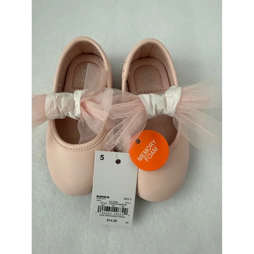 Jumping Beans Toddler Girls Pink Ballet Flats Tulle Bow Memory Foam Size 5 NEW